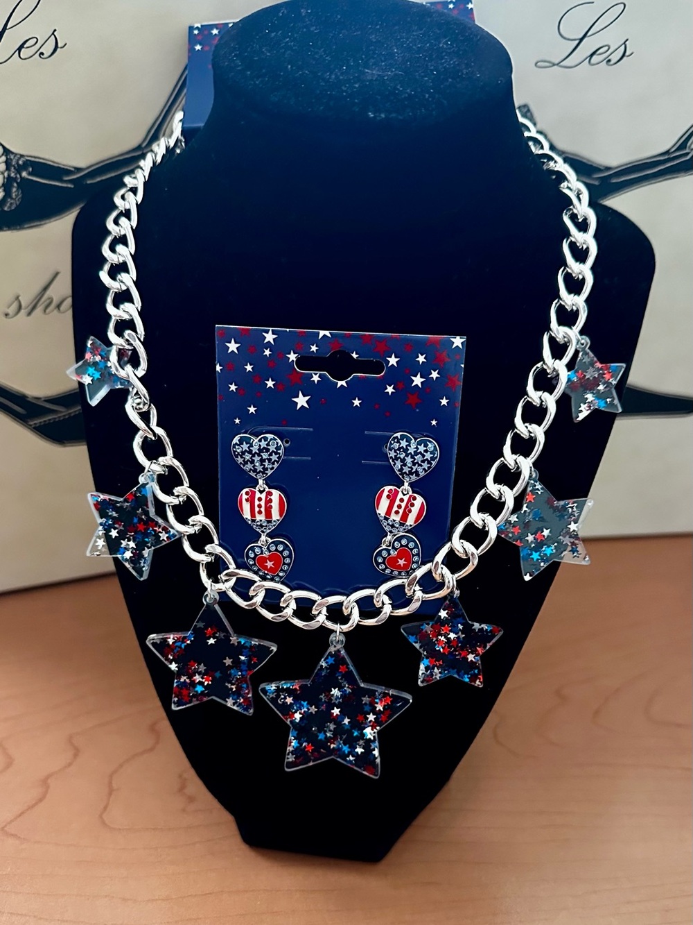 Patriotic Star Charm Necklace and Earring Set - Blue/Red/White